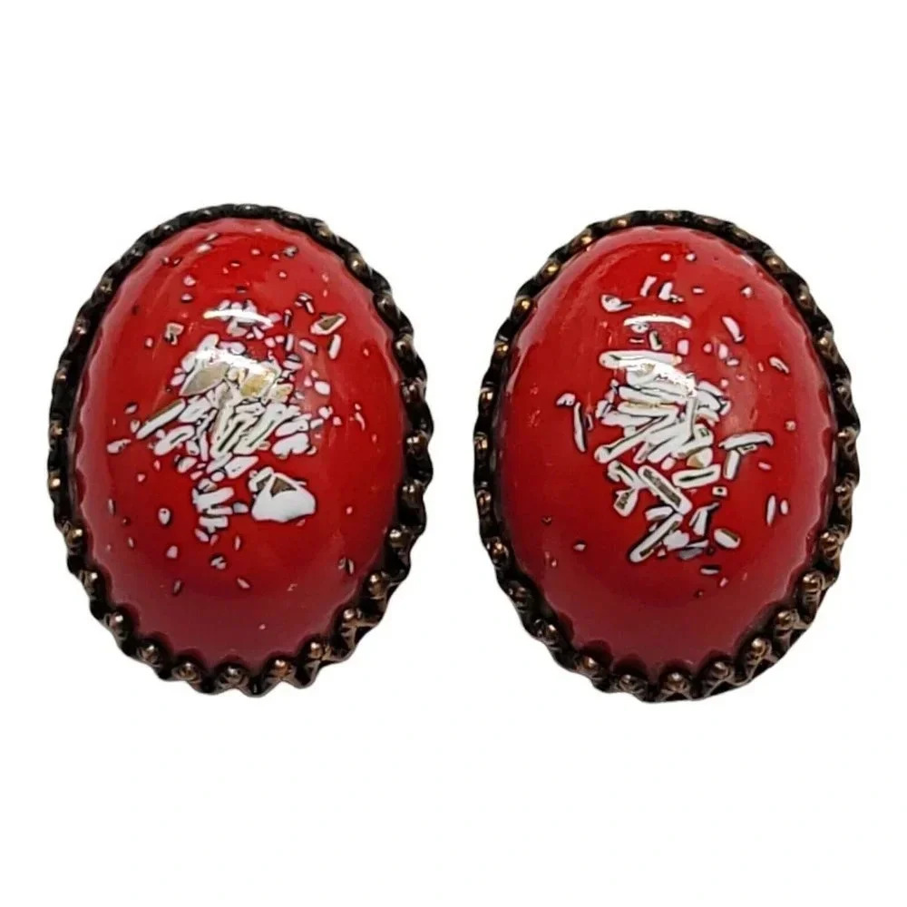Rare Matisse Renoir Copper Red Speckled Enamel Shield Shape Clip Earrings